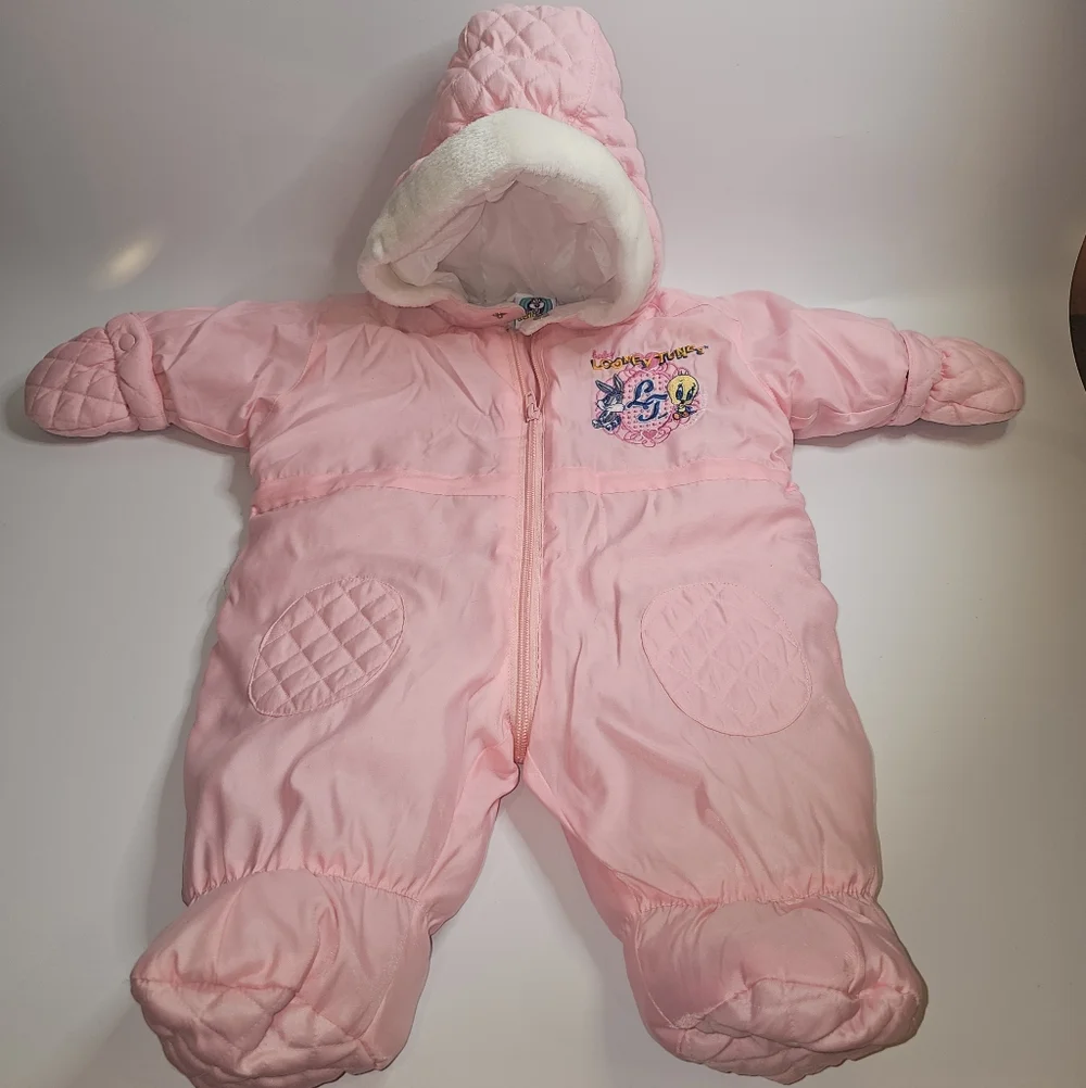 Baby Looney Tunes Snowsuit Baby Girls 3M Pink Excellent Insulated Bunting Puffer